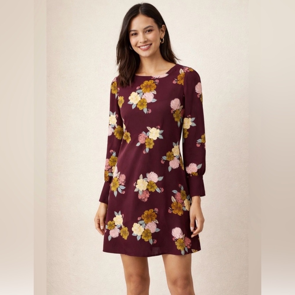 LOFT Moody Floral Long Sleeve Shift Dress Size S Petite